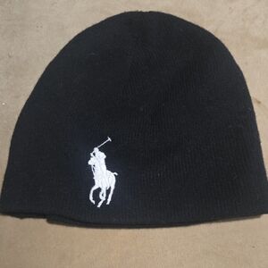 Polo Ralph Lauren Black Merino Wool beanie, White Embroidered Big Pony